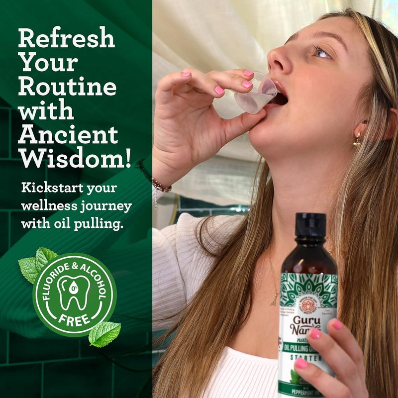 GuruNanda Starter Pulling Oil Mouthwash for Natural Teeth Whitening, Coconut and Peppermint Oil for Fresh Breath & Happy Gums, with Toothbrush & Tongue Scraper, Alcohol-Free, 8 Oz - Image 4